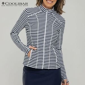 Sz M Coolibar Women's Malawi Full Zip Swim Jacket White/Navy Stripe UPF 50+